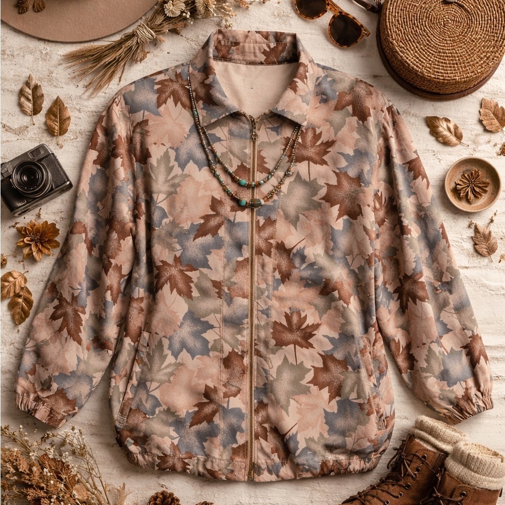 Vintage Y2K Teddi Autumn Leaf Print Zip Jacket Fall Foliage Lightweight Bomber